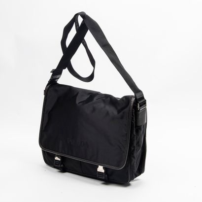Prada PRADA - Black nylon reporter type shoulder bag - Brown saffiano leather trimmed...
