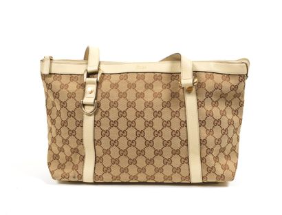 Gucci GUCCI - Tote bag in beige monogrammed woven canvas and ecru grained leather...