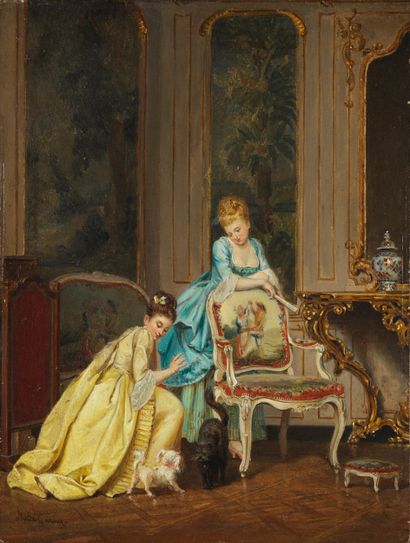 Marie de GARAY Marie de GARAY (1861-1953) - Interior scene - Oil on panel signed...