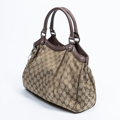 Gucci GUCCI - Hand or shoulder bag in beige monogrammed woven canvas and smooth tea...