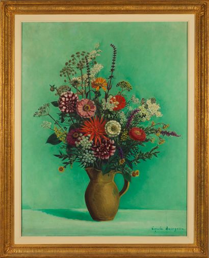 KIYOSHI HASEGAWA Kiyoshi HASEGAWA (1891-1980) - Bouquet de fleurs sur un entablement...