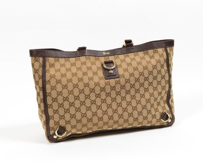 GUCCI GUCCI - Tote bag in monogrammed woven canvas and dark brown grained leather...