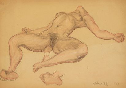 Odilon ROCHE Odilon ROCHE (1868-1947) - Nu allongé, étude de pied - Technique mixte...