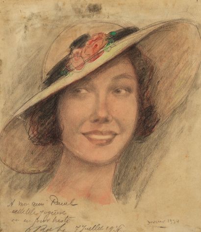 Odilon ROCHE Odilon ROCHE (1868-1947) - Woman with a hat - Mixed technique on paper...