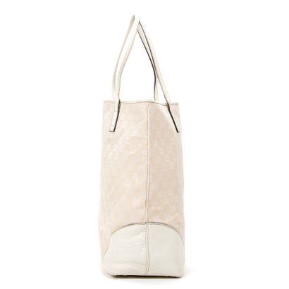 GUCCI GUCCI - Tote bag in monogrammed woven canvas and white leather - Fabric lining...