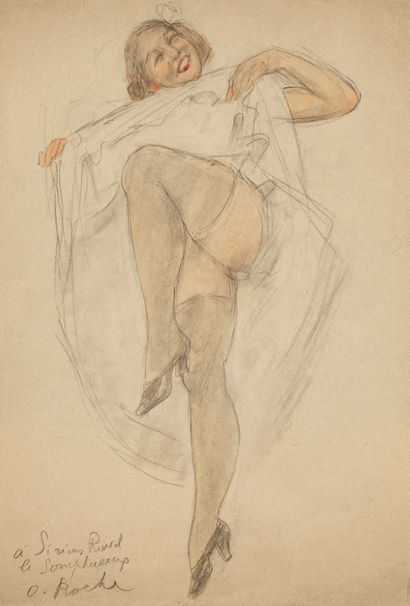 Odilon ROCHE Odilon ROCHE (1868-1947) - Garter belt - Colored pencil drawing on paper...