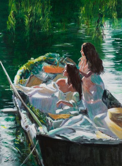 Jorge BORRAS Jorge BORRAS (1952) - En barque sur la riviere - Acrylique sur toile...