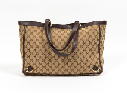 GUCCI GUCCI - Tote bag in monogrammed woven canvas and dark brown grained leather...