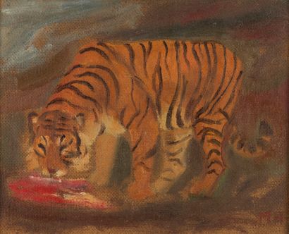 Mateo HERNANDEZ Mateo HERNANDEZ (1885-1949) - Tiger devouring its prey - Oil on isorel...