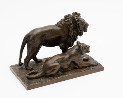null Antoine-Louis BARYE (195-1875) - Lion standing and lioness lying down, circa...