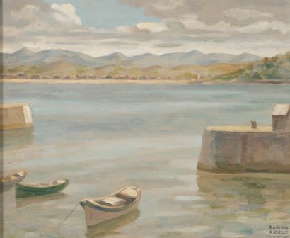 Ramiro ARRUE Ramiro ARRUE (1892-1971) - Boats in the Saint-Jean de Luz port - Oil...