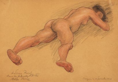 Odilon ROCHE Odilon ROCHE (1868-1947)- Femme sur le ventre - Technique mixte signée...