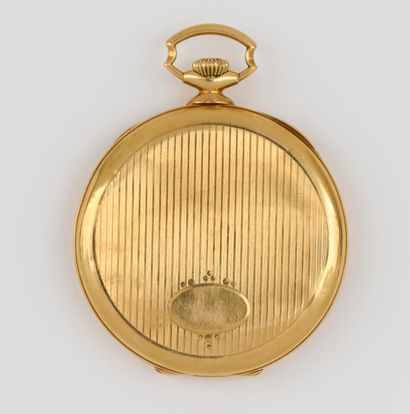 Montre Pocket watch in 18K yellow gold (750/000). Painted dial, railroad and Arabic...
