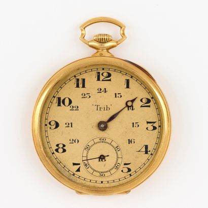 Montre Pocket watch in 18K yellow gold (750/000). Painted dial, railroad and Arabic...