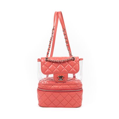Chanel CHANEL Paris Small backpack in pink quilted leather and transparent plastic...