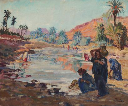 Henri PONTOY Henri PONTOY - At the edge of the Wadi - Oil on canvas signed in bottom...