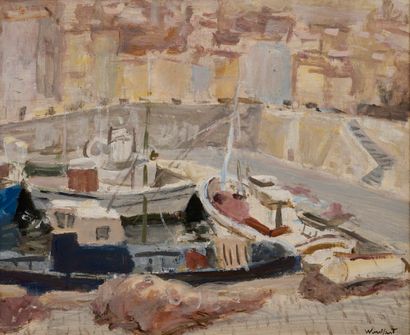Marius WOULFART Marius WOULFART (1905-1991) - Harbour scene - Oil on cardboard -...