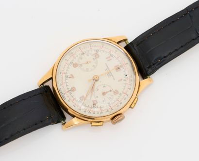 CHRONOGRAPHE Chronographe Suisse en or, vers 1950.
Une montre chronographe ronde...