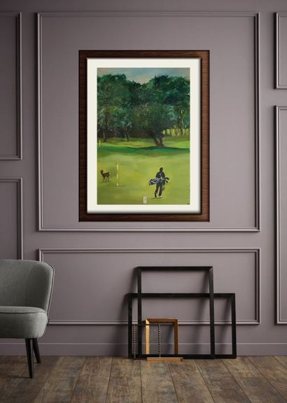 Joelle Kehal De Lacanau Meeting between Golfer and Deer - Acrylic painting on paper...