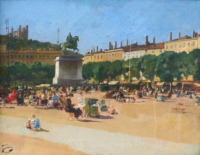 André DEVAMBEZ André DEVAMBEZ (1867-1943) - Place Bellecourt à Lyon - Oil on card...