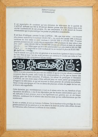 Robert COMBAS Robert COMBAS (1957)- Acrylic and marker drawing on a press release...