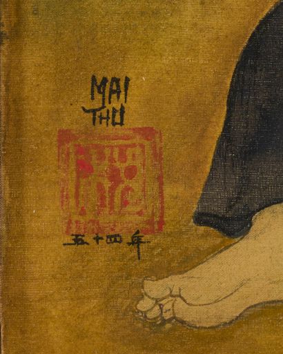 MAI THU MAI THU (Trung Thu MAI) (1906-1980) - Jeune fille cousant - Encre en couleur...