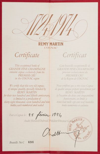 REMY MARTIN Fine champagne REMY MARTIN 1974 - for the 250th anniversary - Numbered...