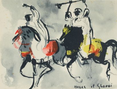 Hassan EL GLAOUI Hassan EL GLAOUI (1924-2018) - Trois cavaliers - Gouache sur papier...