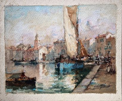 Gilbert GALLAND (1870-1956) Vue de port Aquarelle sur papier Signée en bas à droite...