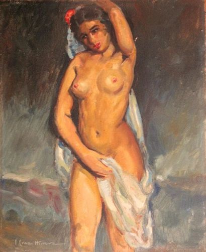 José CRUZ HERRERA (1890-1972) Mauresque nue Huile sur aggloméré 45,5 cm x 37,5 cm...