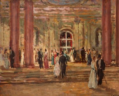 Marcel COSSON (1878-1956) Le foyer de l'Opéra Huile sur carton signée en bas à droite...