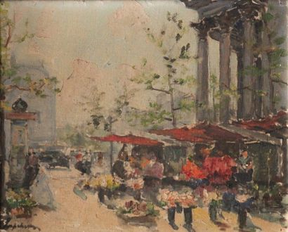 Georges LAPCHINE (1885-1950) Marché aux fleurs, place de la Madeleine Huile sur toile...
