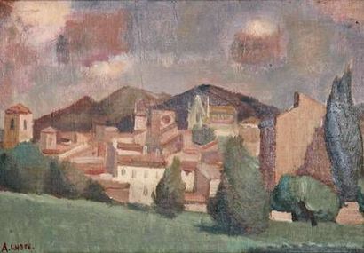 André LHOTE (1885-1962) Village Provençal, entre 1927 et 1928 Huile sur panneau H.:...