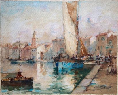 Gilbert GALLAND (1870 -1956) Vue de port Aquarelle sur papier Signée en bas à droite...