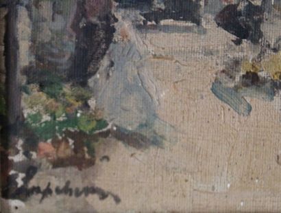 Georges LAPCHINE (1885-1950) Marché aux fleurs, place de la Madeleine Huile sur toile...