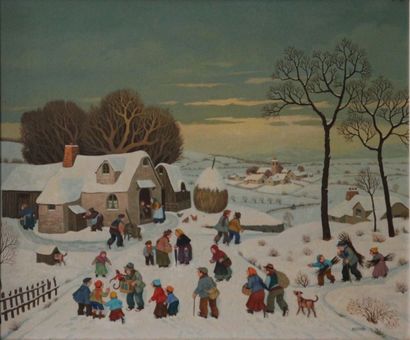 Jean AXATARD (né en 1931) Scène de village sous la neige Huile sur toile signée en...