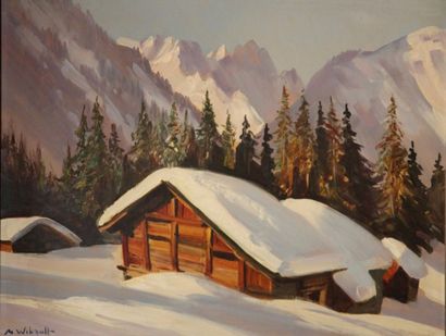 Marcel WIBAULT (1905-1988) Chalets sous la neige Huile sur isorel signée en bas à...