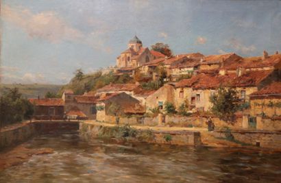 Edmond Marie PETITJEAN (1844-1925) Village animé au bord de l'eau Huile sur toile...