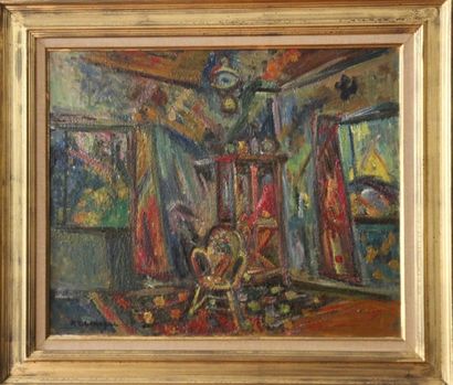 PINCHUS KREMEGNE (1890 - 1981) L'atelier de Céret, 1963 Huile sur toile signée en...