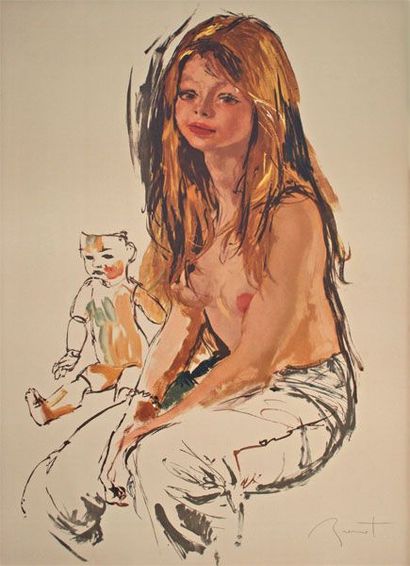 Pierre Laurent BRÉNOT (1913-1998) Jeune fille à la poupée Lithographie originale...