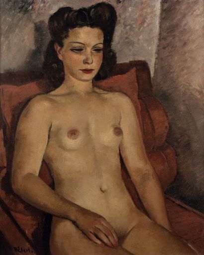 François Maurice EBERL (1887-1962) Femme nue au fauteuil rouge Huile sur panneau...