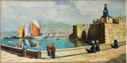 H. David, école bretonne Port de Concarneau, 
Huile sur toile signée et datée (19)45...