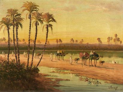 Vincent MANAGO (1880-1936) Caravane traversant l'Oued, 
Huile sur toile, signée en...
