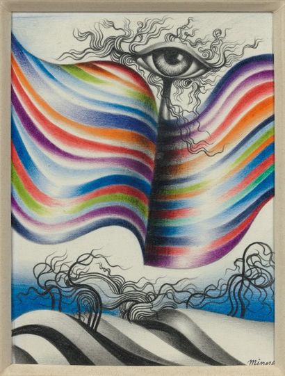 Jean-Claude MINIBOO (Né en 1943) L'Œil 
 Dessin aux crayons de couleurs signé en...