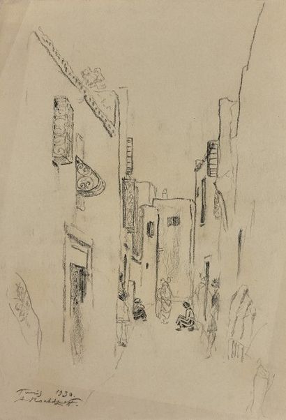 Alexandre ROUBTZOFF (1884-1949) Ruelle à Tunis 
 Dessin au crayon signé, titré et...