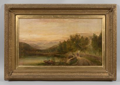 Georges Cole (1810-1883) Paysage animé 
 Huile sur toile signée en bas à gauche 
...