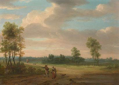 null ECOLE FLAMANDE du XVIIIe siècle - Paysage de campagne avec villageois en chemin...