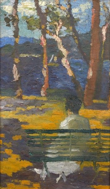 null Jean PESKE (1870-1949).
Jeune femme assise au bord du lac.
Huile sur toile signée...
