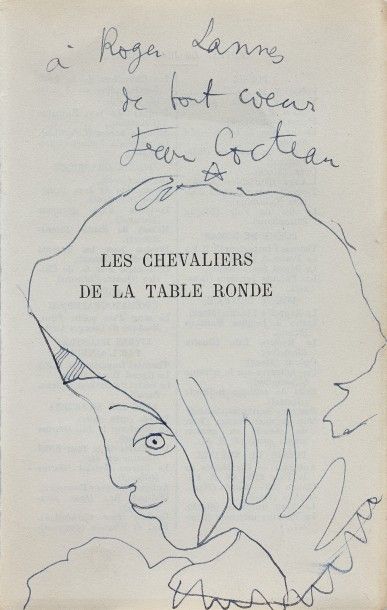 Jean COCTEAU (1889-1963) Profil - dessin au stylo à bille dédicacé "A Roger Lannes,...