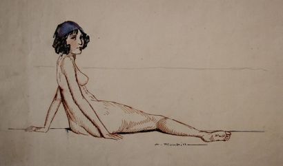 Auguste ROUBILLE (1872-1955) Femme allongée - Encre et aquarelle signé en bas à droite...